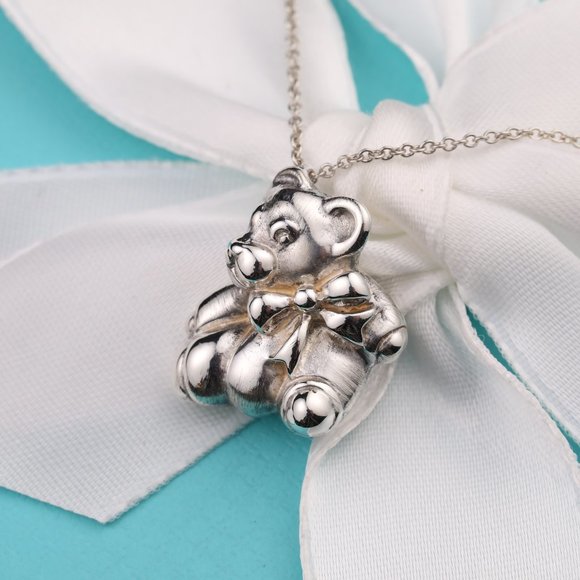 Tiffany & Co. Jewelry - Tiffany & Co. Sterling Silver Teddy Bear Bow Pendant Necklace 16" with Pouch